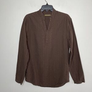CUBAVERA Womens Brown Popover Top Small S Cotton Embroidered Detail Long-Sleeve